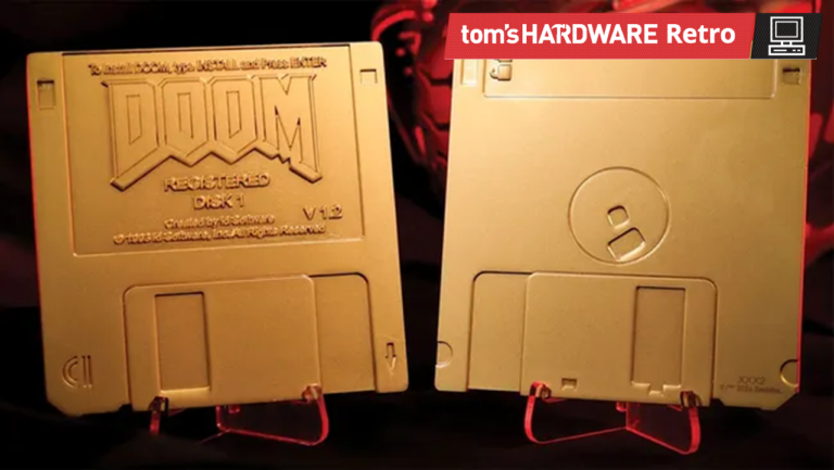 Commemorative golden Doom floppy disks go up for pre-order — pair of limited edition dummy ‘imitation gold plating’ disks and a box are $30 at GameStop Doom Floppy Disk Limited Edition Imitation Gold Plated Replica