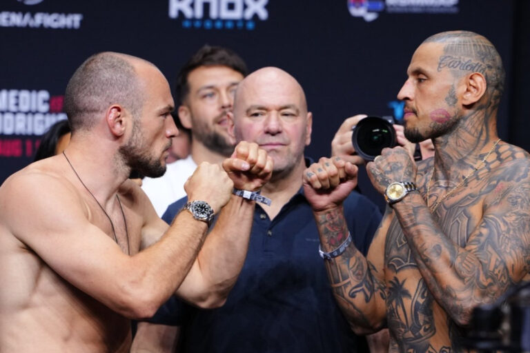 Uros Medic and Daniel Rodriguez tip scales in perfect weigh-in day ahead of UFC Belgrade Uros Medic and Daniel Rodriguez staredown during weigh-ins for UFC Belgrade