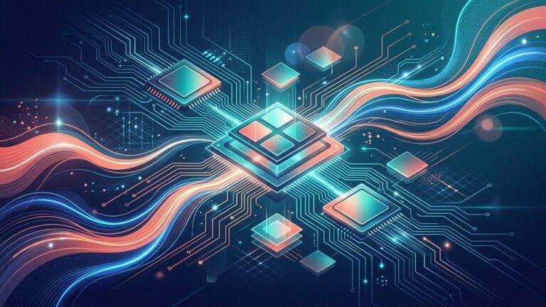 Illustration of processor chips on a circuit board linked by glowing traces and bands of light