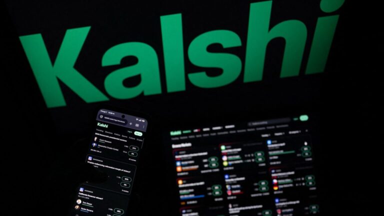 A smartphone and laptop screen display offers of wagers on the Kalshi prediction market